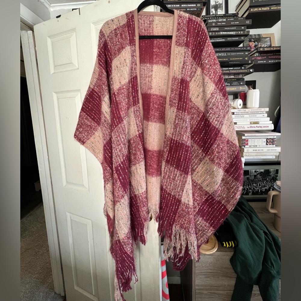 Torrid Plaid Poncho Tan and Burgundy